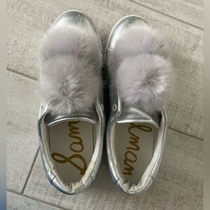 Sam Edelman Leather Metallic Silver Sneakers with Fluffy Pom Poms